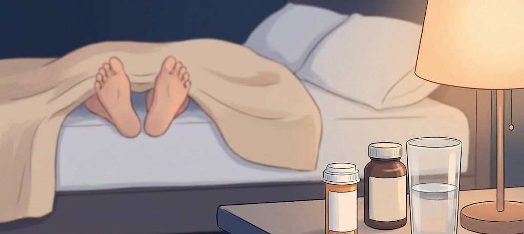 Illustration of a prescription bottle, colored pills, and an iron supplement representing treatment options for restless legs syndrome